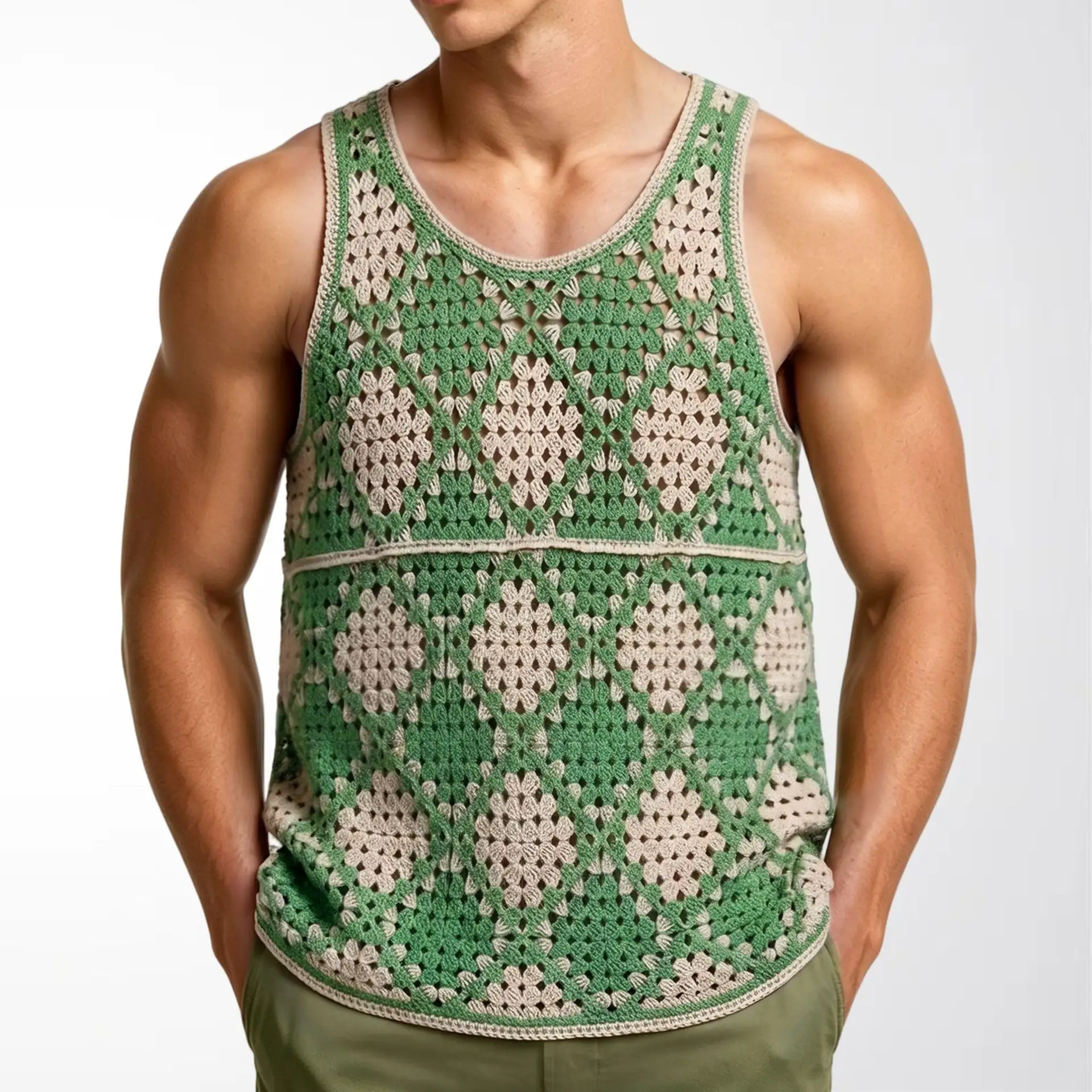 Contrast-color Diamond-pattern Hollow-out Knit Vest