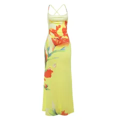 Women's Elegant Contrast Colour Flower Print Halter Swing Collar Slim-fit Sheath Dress - Yellow - View 1
