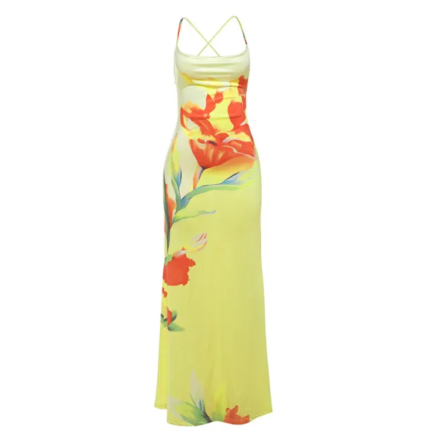 Women's Elegant Contrast Color Flower Print Halter Swing Collar Slim fit Sheath Dress Yellow - Shop at LoveMi