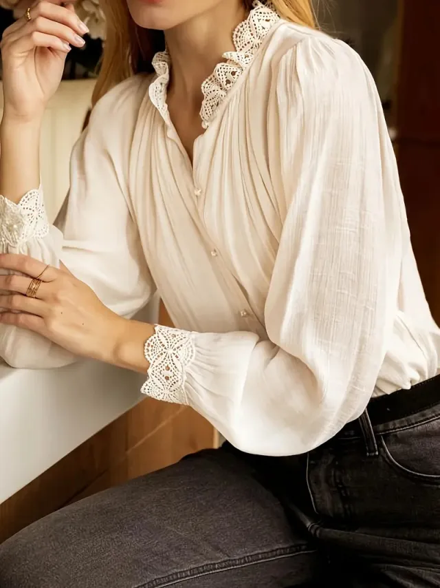 Elegant, Sophisticated Commuter Shirt With Lace trimmed Patchwork Apricot - Shop at LoveMi