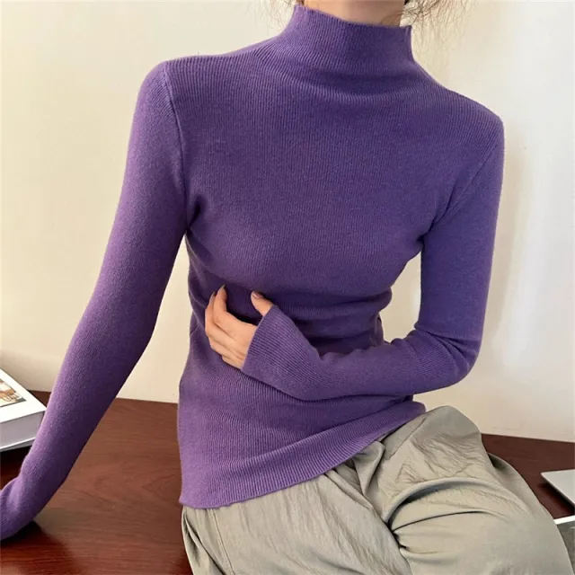 Women's Half High Necked Knitted Bottom Sweater Purple - Shop at LoveMi