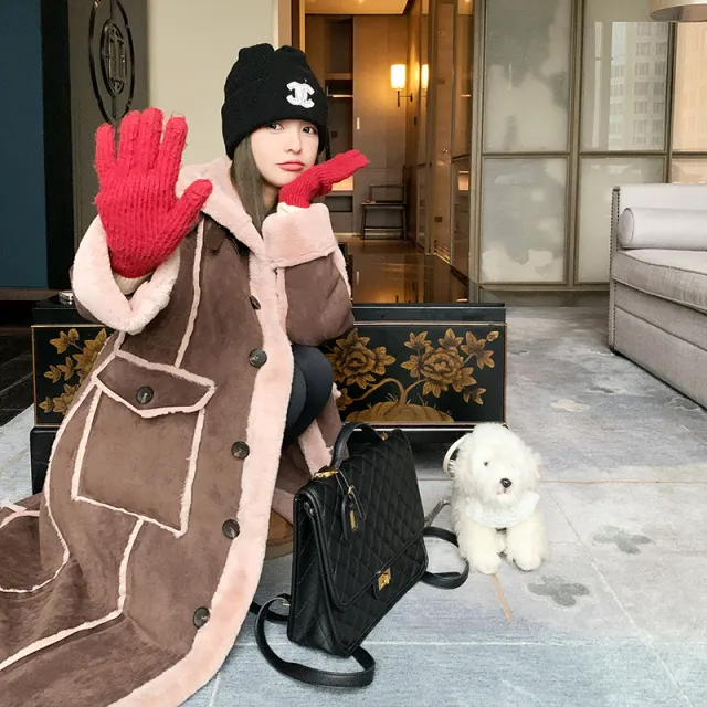 Retro Coffee Color Loose Lapels Single breasted Stitching Fur Integrated Large Coat Brown - Shop at LoveMi