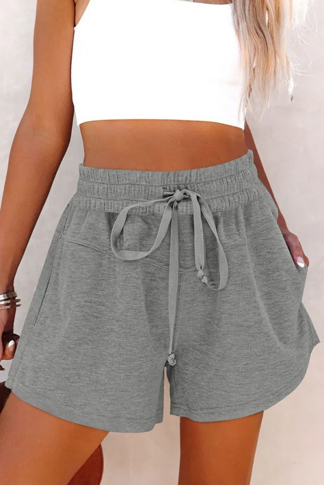 Women's Lace Up Casual Pocket Solid Color Shorts Gray - Shop at LoveMi