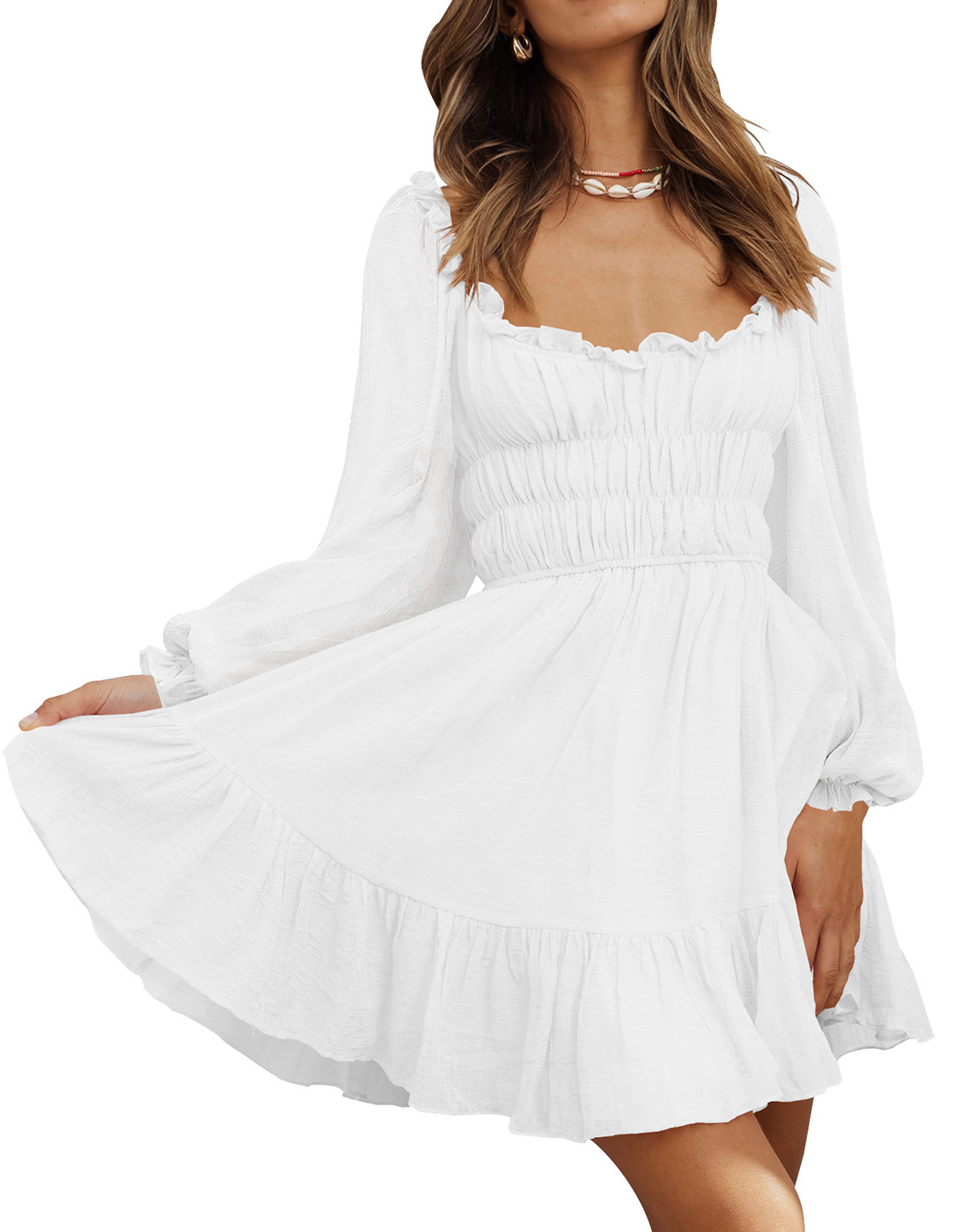 Square Neck Pleated Ruffle Lantern Sleeve Fresh And Sweet Dress White - Shop at LoveMi