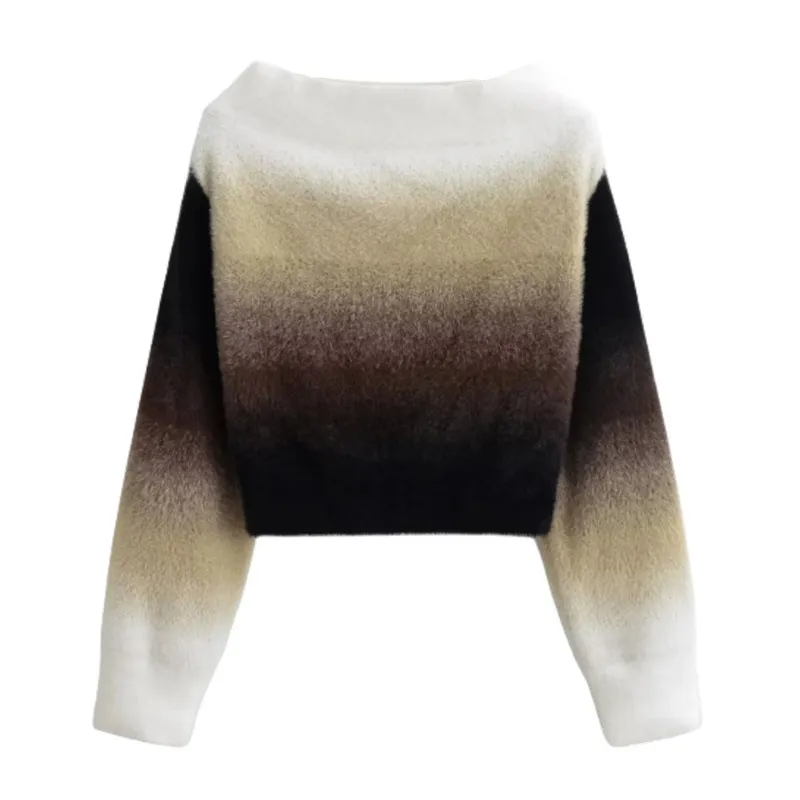 Pure Desire Wind Gradient Color Off-neck Off-the-shoulder Short Knitwear - White Brown Black