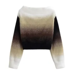 Pure Desire Wind Gradient Color Off-neck Off-the-shoulder Short Knitwear - White Brown Black - View 1