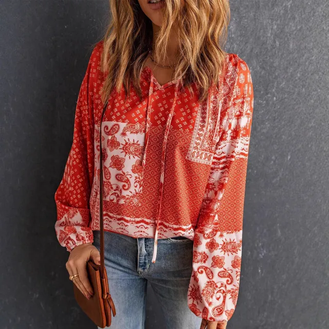 Women's Long sleeved Printed Ethnic Blouse T shirt Shirt Red - Shop at LoveMi