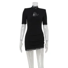 Sexy Lace Hollow-out Spliced Short Sleeve Dress - Black - View 1
