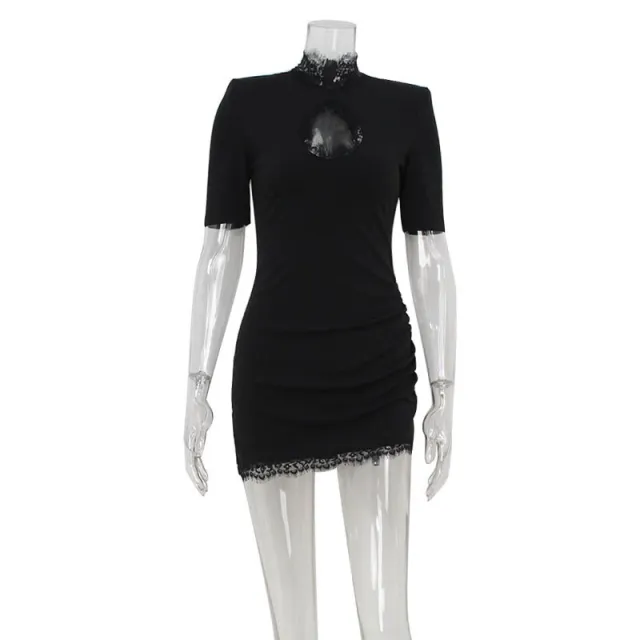 Sexy Lace Hollow out Spliced Short Sleeve Dress Black - Shop at LoveMi