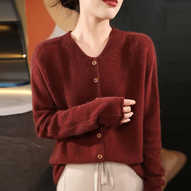 V neck Knitted Cardigan Coat Solid Color Short Loose Sweater Sauce Red Color - Shop at LoveMi