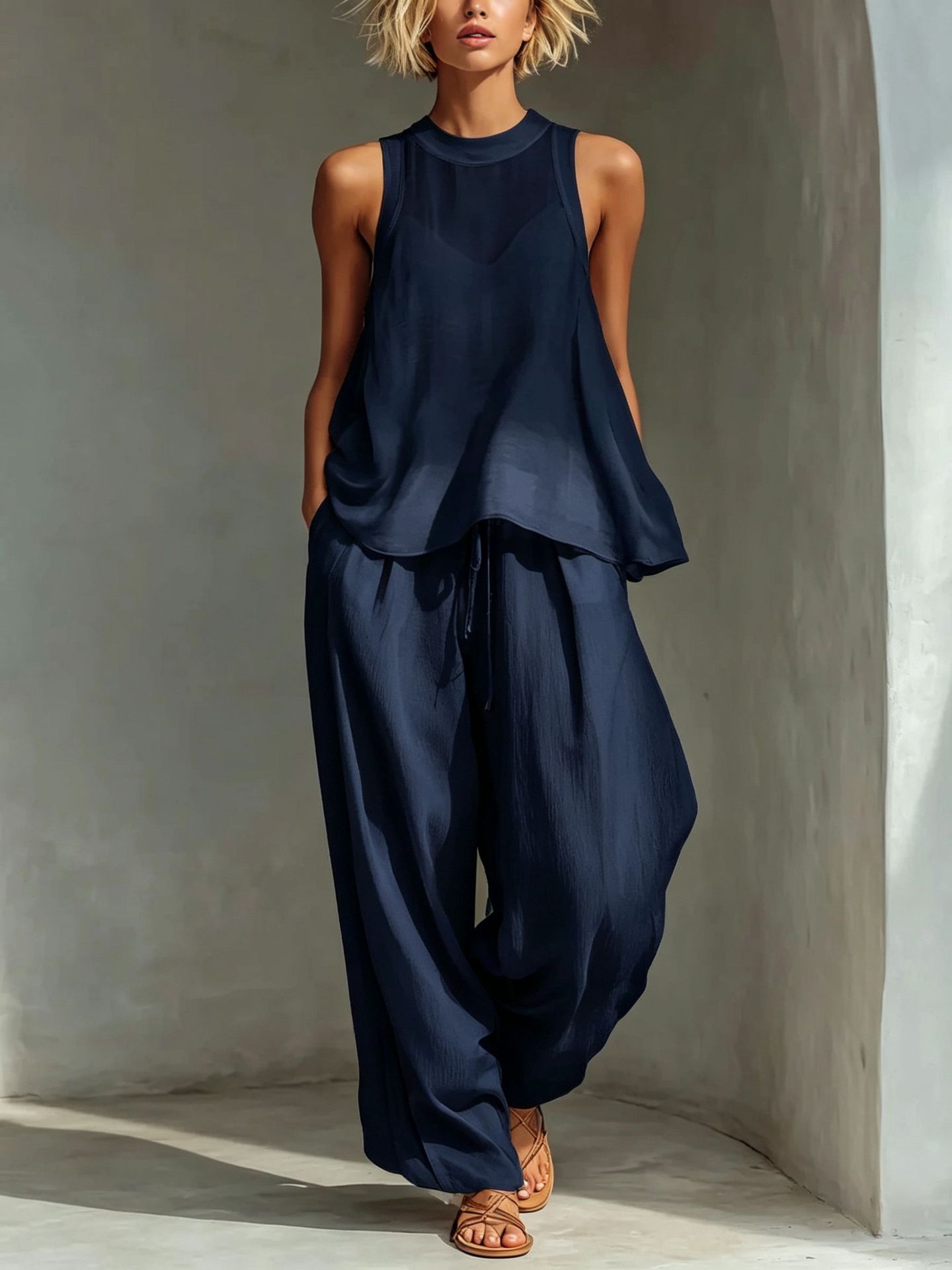 Sheer chiffon tank top and wide-leg pants set detail view – drawstring waist wide-leg pants women's fashion