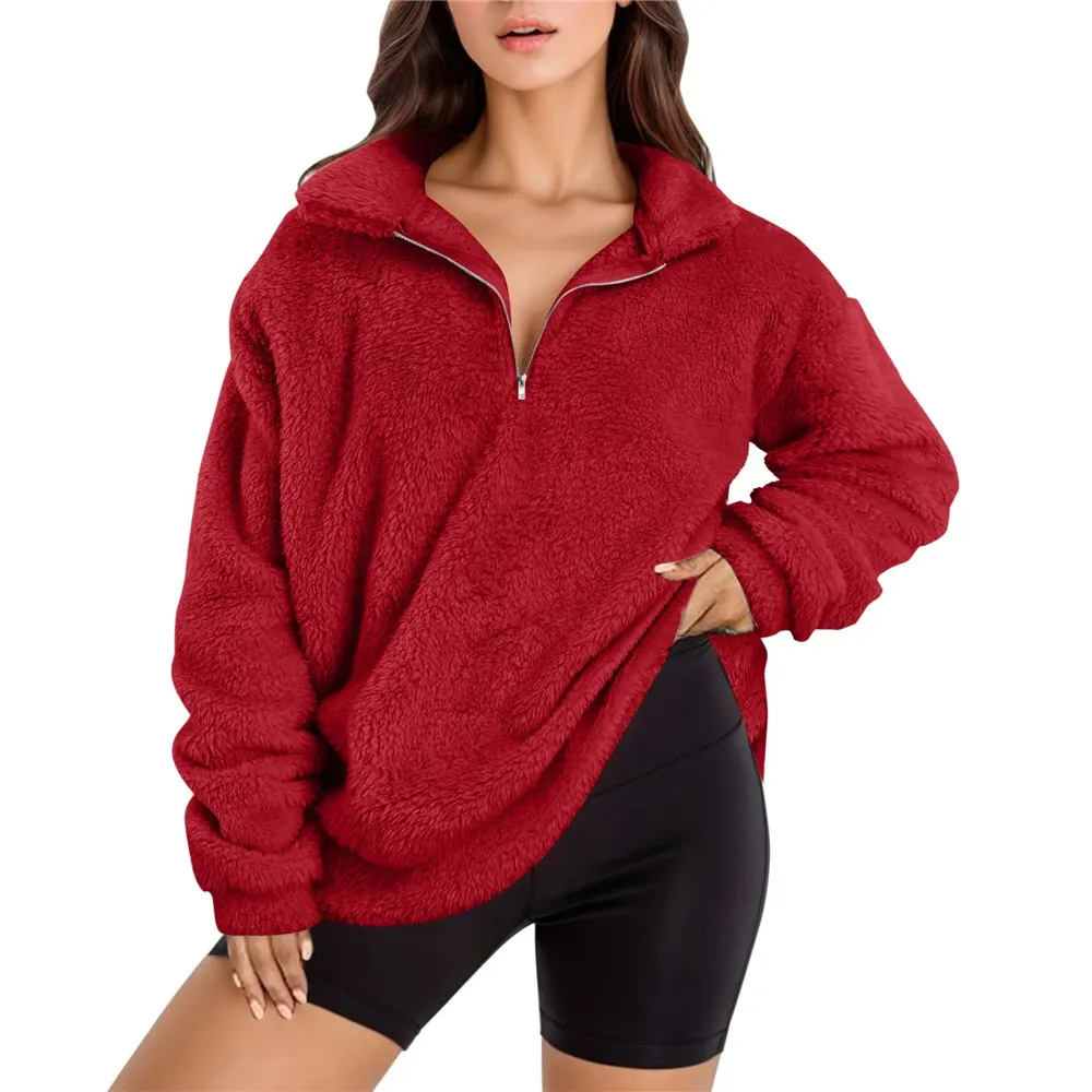 Velvet Fleece-lined Women's Casual Stand Collar Sweater - Red