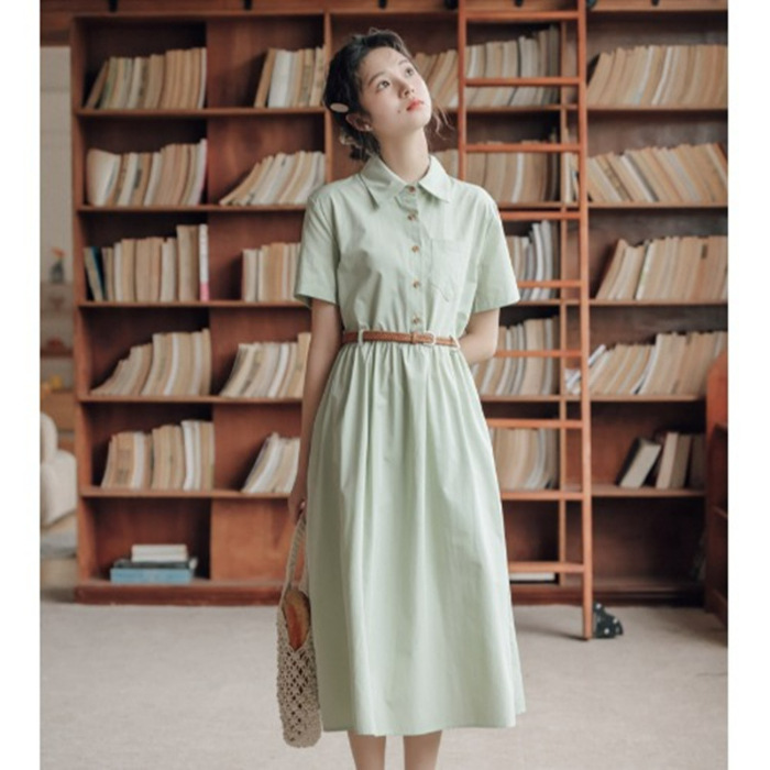 Preppy Style Simple Short Sleeves Shirt A- Line Waist Fitted Slimming Dress