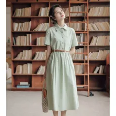 Preppy Style Simple Short Sleeves Shirt A- Line Waist Fitted Slimming Dress - Green - View 1