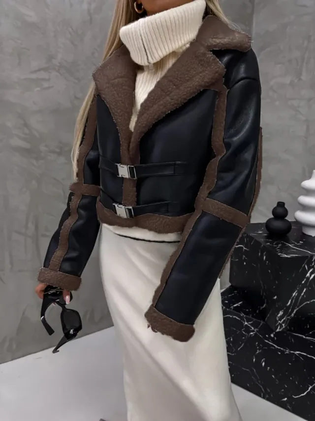 Women's Fur Integrated Long sleeved Coat Black And Brown - Shop at LoveMi