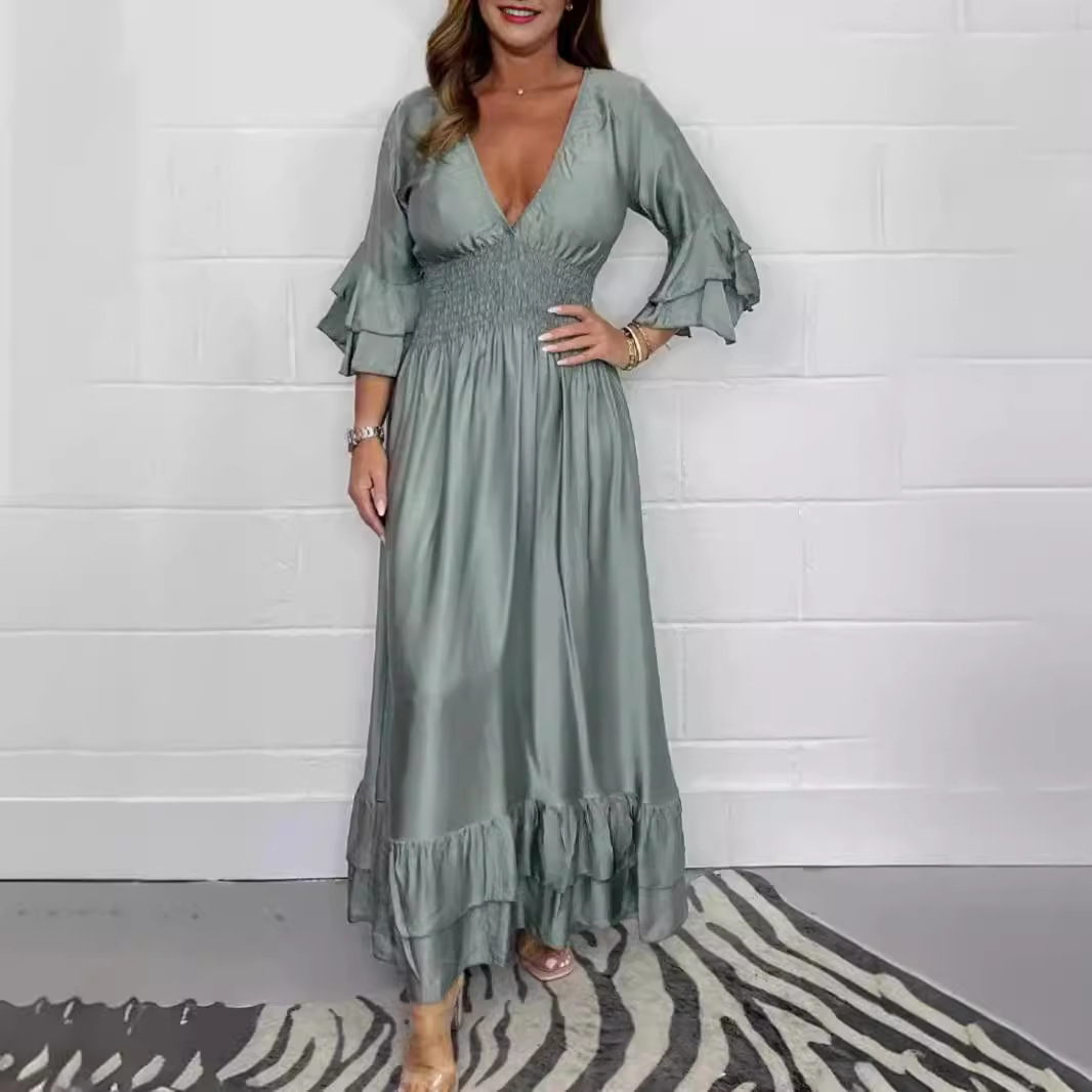 Women's Satin Solid Color And V-neck Ruffles Dress