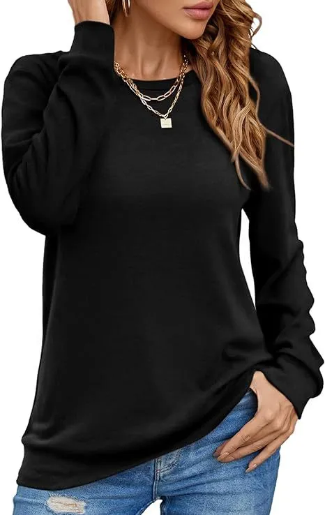 European And American Style Women Long Sleeve Shirt Solid Color Round Neck Coat Black - Shop at LoveMi