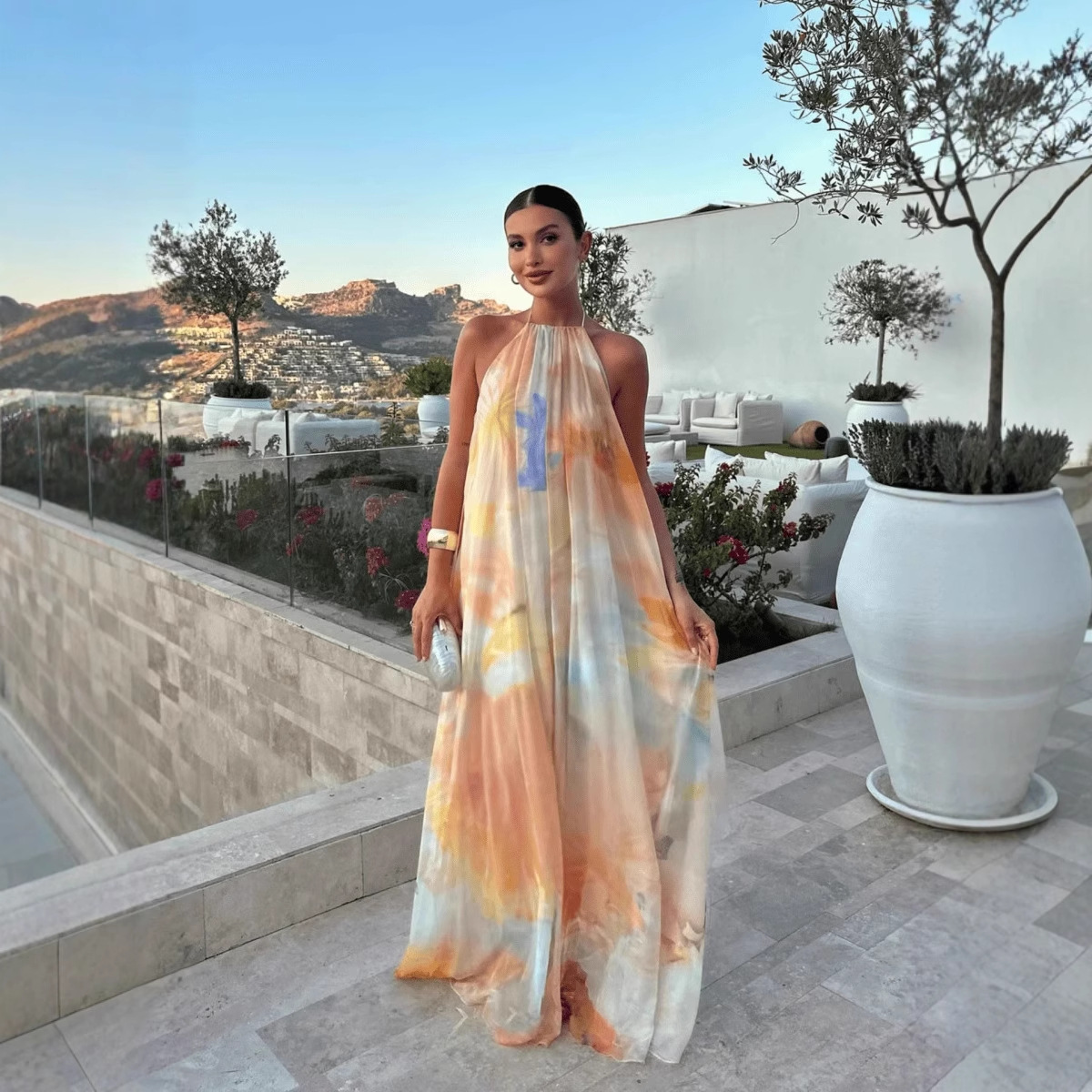 Printed, Loose-Fitting Halterneck Backless Resort Dress