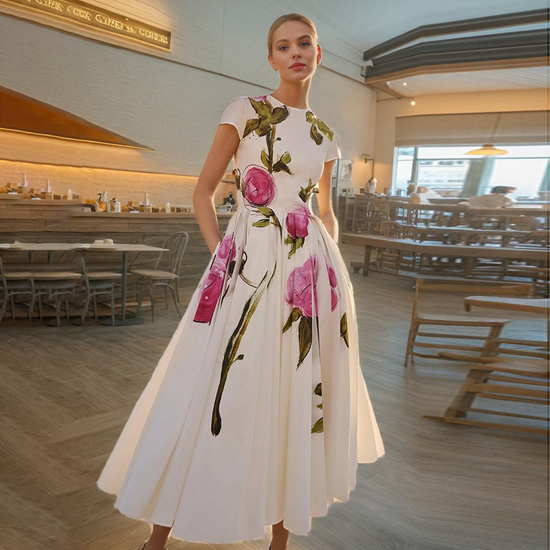 New Arrival A Figure-flattering Slimming Floral-print Round-neck Dress With A High-end Vibe