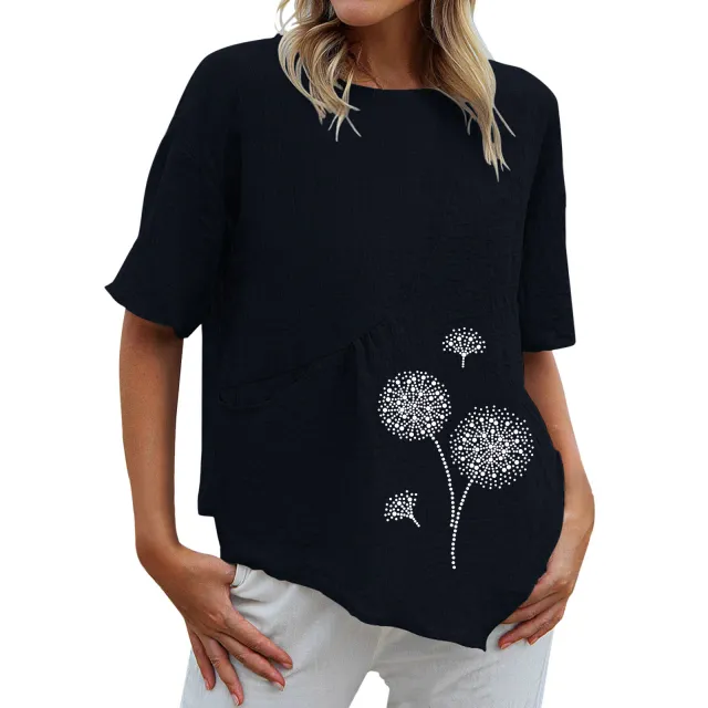 Dandelion Printed Pocket Retro Collapsed Short Sleeve Round Neck Shirt Navy Blue - Shop at LoveMi