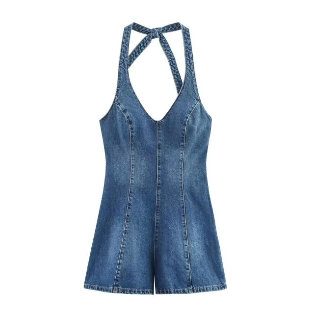Women's V neck Figure hugging Halter neck Backless Denim Jumpsuit Blue - Shop at LoveMi