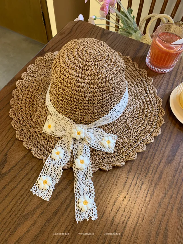 Big Brim Sun proof Straw Hat Female Summer Seaside Breathable Lace Up Flower Khaki - Shop at LoveMi