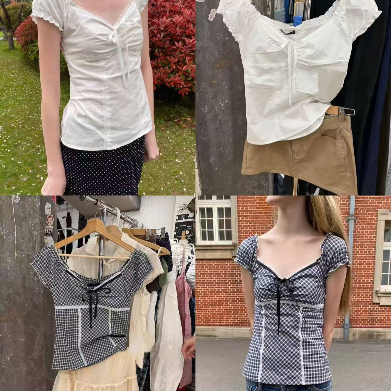 Pleated Drawstring V-neck Puff-sleeve Blouse Top