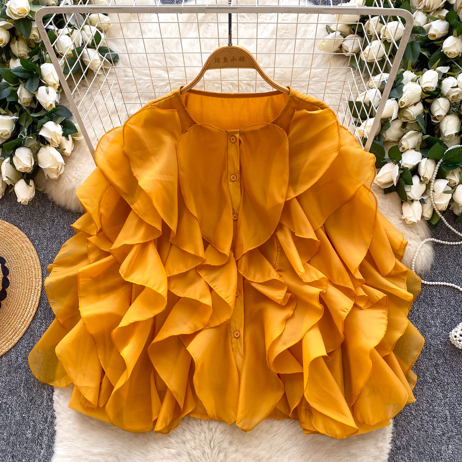 Womens Solid-color Round-neck Irregular Ruffled-edge Button-up Blouse