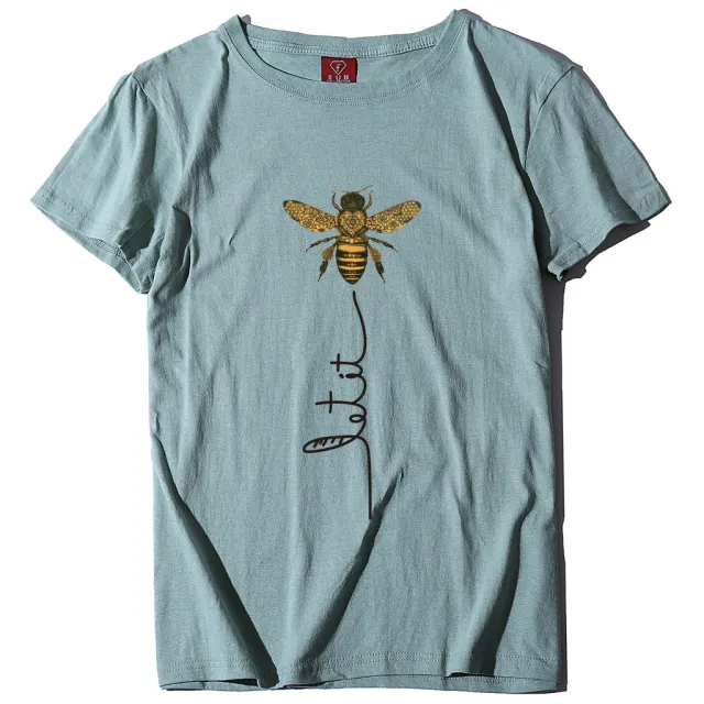 Bee And Letter Print Pattern Women's Loose T shirt Olive - Shop at LoveMi