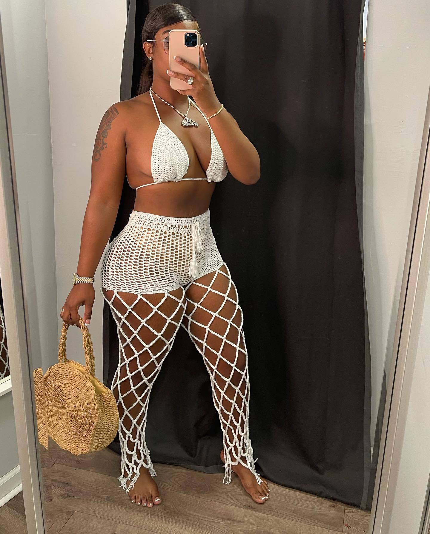 Hollow Out See-through Beach Style Fishnet Hand Crochet Sexy Fashion Suit