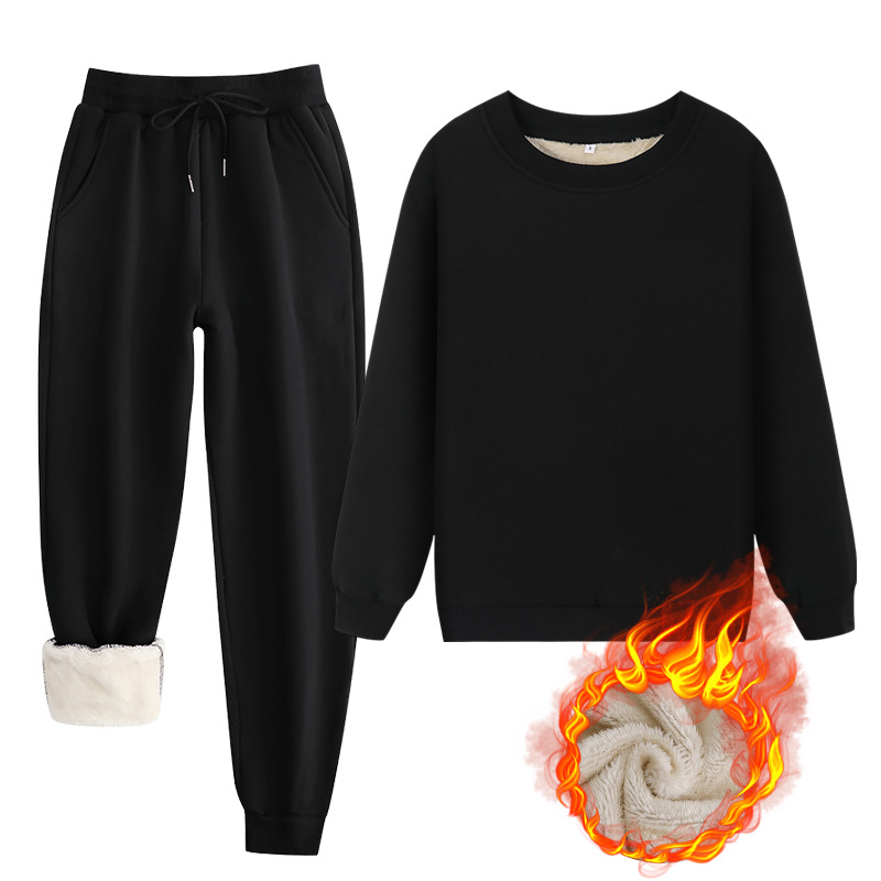 Winter Lamb Wool Round Neck Sweatshirt And Pants Set