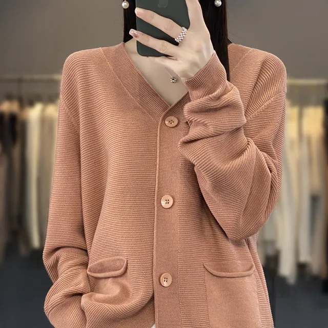 V neck Solid Color Double Pocket Buckle 100 Cotton Thread Long Sleeve Lazy And Loose Casual Spring Knitted Cardigan For Women Pink - Shop at LoveMi
