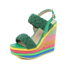 Super High Heel Sandals Rainbow Straw Muffin Candy Colour - Green - View 1