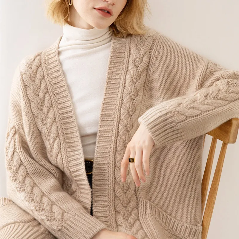 V-neck Temperament Knitted Loose Twist Mid-length Sweater - Khaki