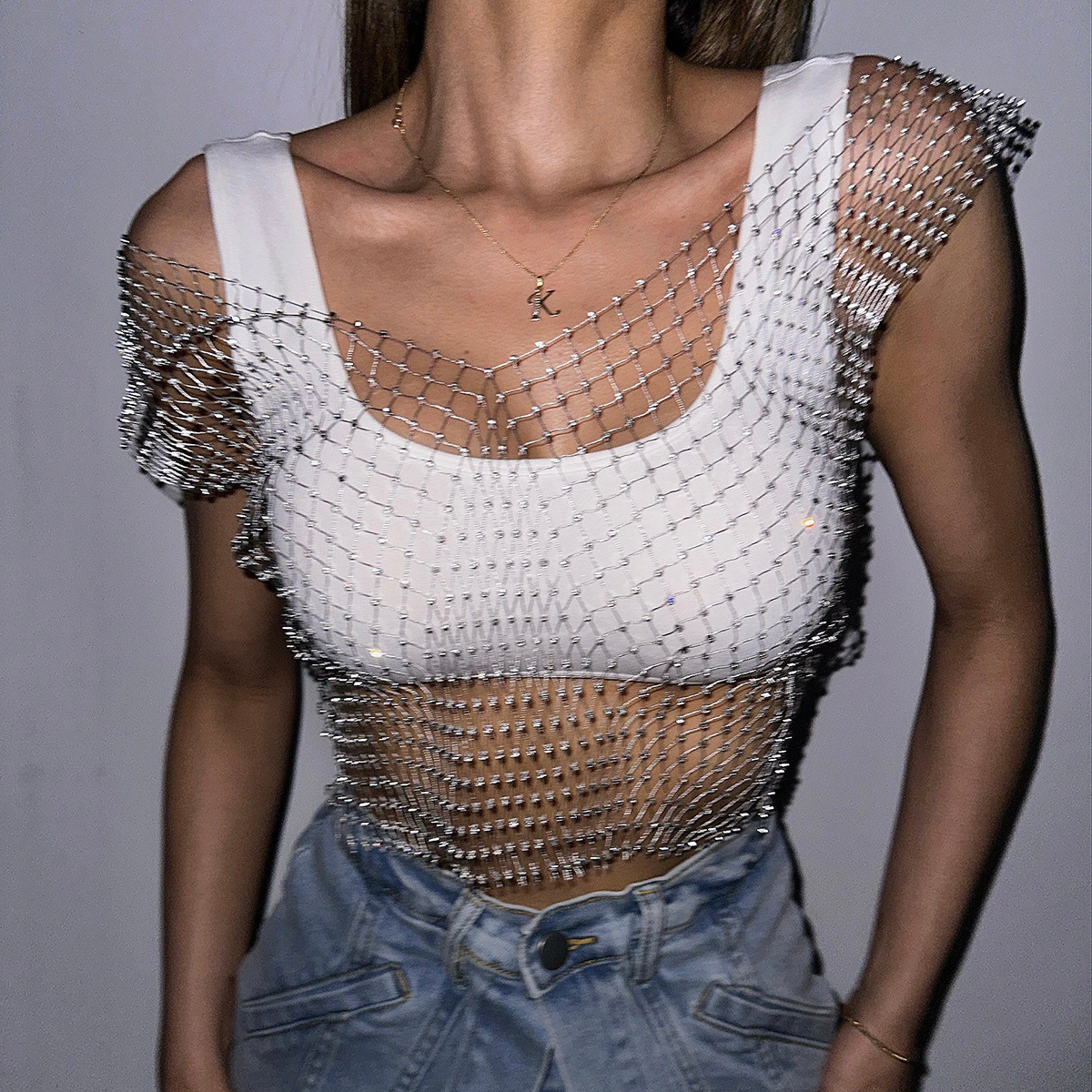 Short Round Neck Fishnet Rhinestone Sleeveless Bottoming Shirt Blouse For Women