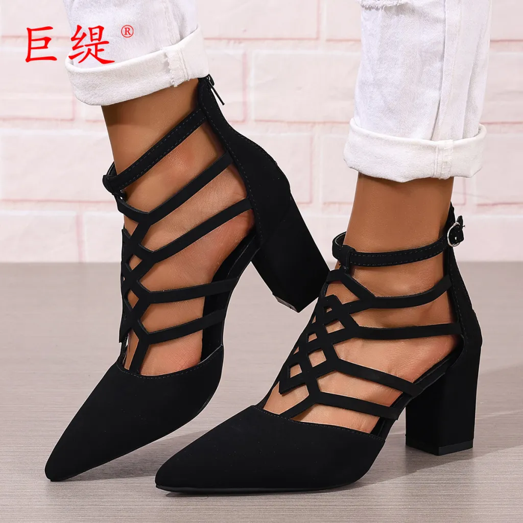 Fashion High Heel Professional Pointed-toe Hollowed High Heel Sandals - Black