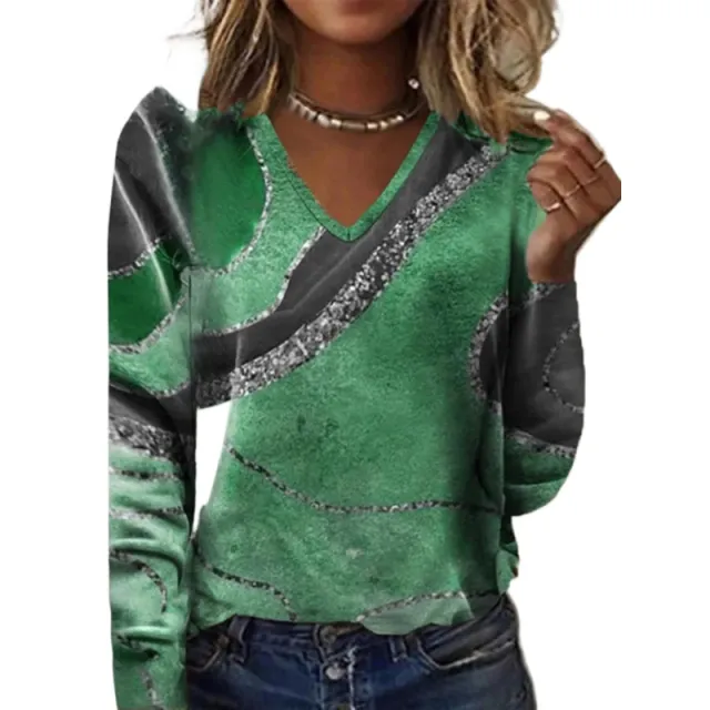 European And American New Fall Winter Fashion V neck Printed Long sleeved Top Women Green - Shop at LoveMi