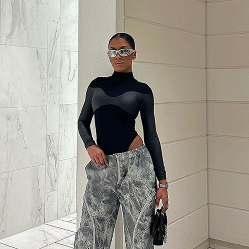 Women's Clothing Jumpsuit PU Patchwork Turtleneck