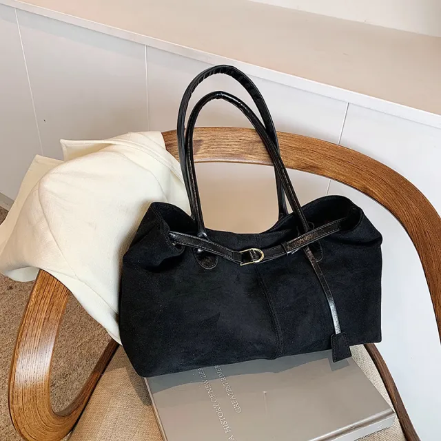 Retro Large capacity Suede Shoulder Tote Bag Black - Shop at LoveMi