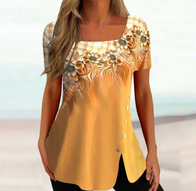 Cross border New Print Short Sleeve Irregular Button Split Printed Women's T shirt Orange - Shop at LoveMi