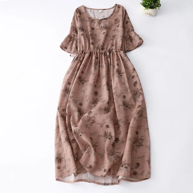 Summer Elegant Cotton And Linen Floral Belly covering Dress Red - Shop at LoveMi