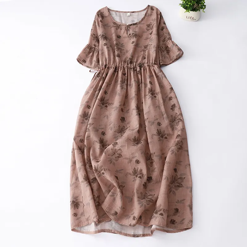 Summer Elegant Cotton And Linen Floral Belly-covering Dress - Red
