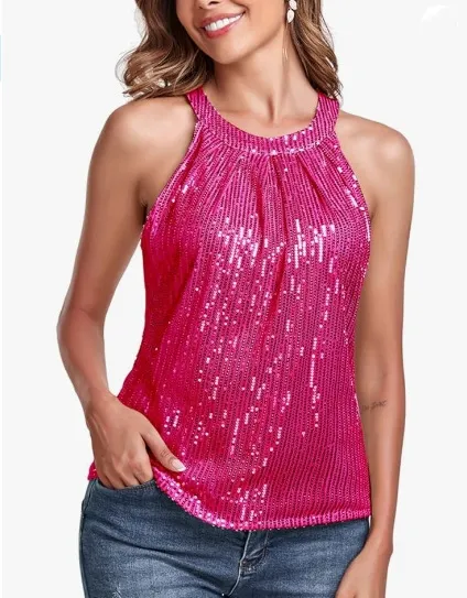 Women's Halter Round Neck Top Sequin Camisole Rose Red - Shop at LoveMi