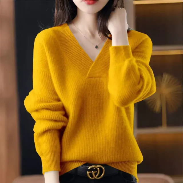 Solid Color Collar Sweater Women's Loose Slimming Yellow - Shop at LoveMi