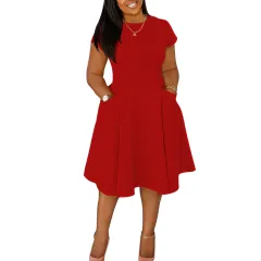 Arrival Casual A-Line Midi Dress With Round Neck And Pockets Slim Fit - Red - View 1
