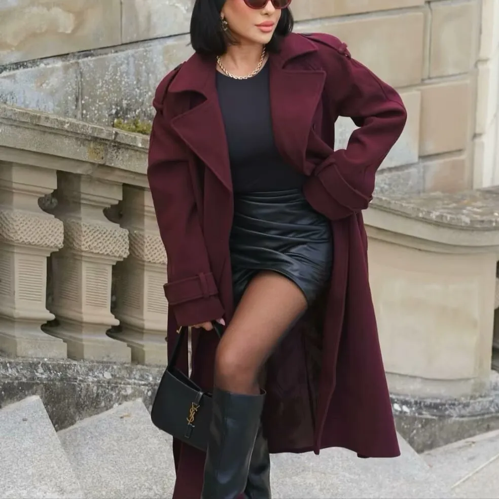 Fashion Lapel Woolen Coat With Belt Winter Double-breasted Trench Long Jacket For Women Clothing - As Shown