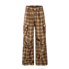 American Retro Cargo Pocket Plaid Casual Trousers - Brown - View 1