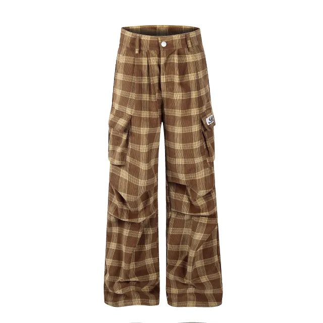 American Retro Cargo Pocket Plaid Casual Trousers Brown - Shop at LoveMi