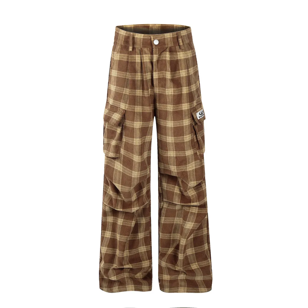 American Retro Cargo Pocket Plaid Casual Trousers - Brown