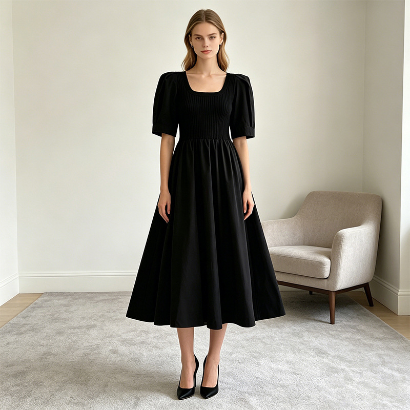 Womens Knitted Dress With Square Neck Puff Sleeves And Panel Design